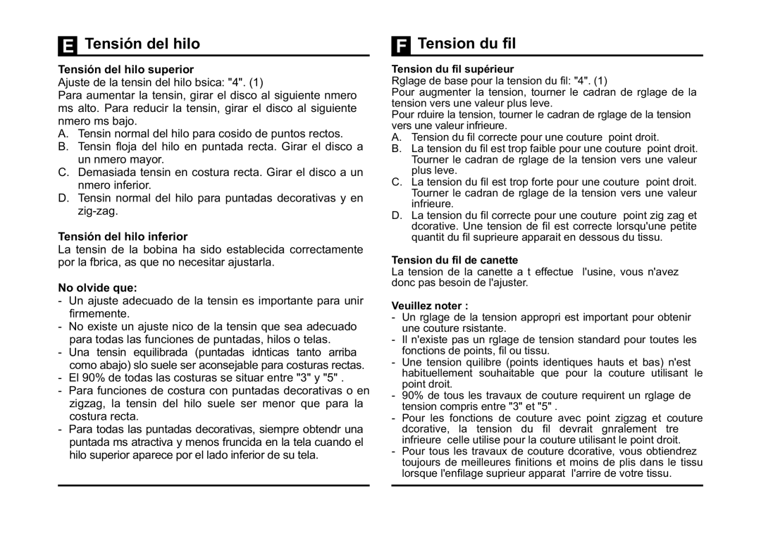 Singer 5523 instruction manual Tension du fil, Tensión del hilo superior, Tensión del hilo inferior 