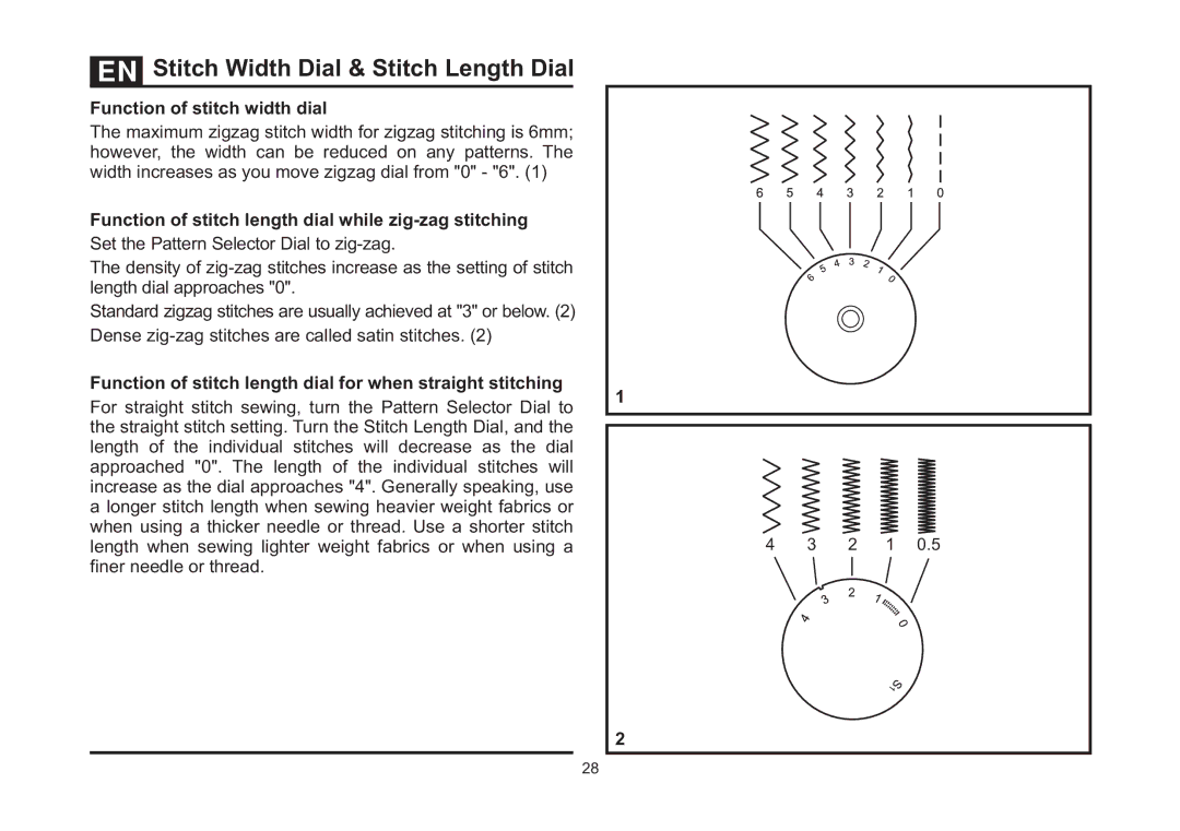 Singer 5523 instruction manual Stitch Width Dial & Stitch Length Dial, Function of stitch width dial 