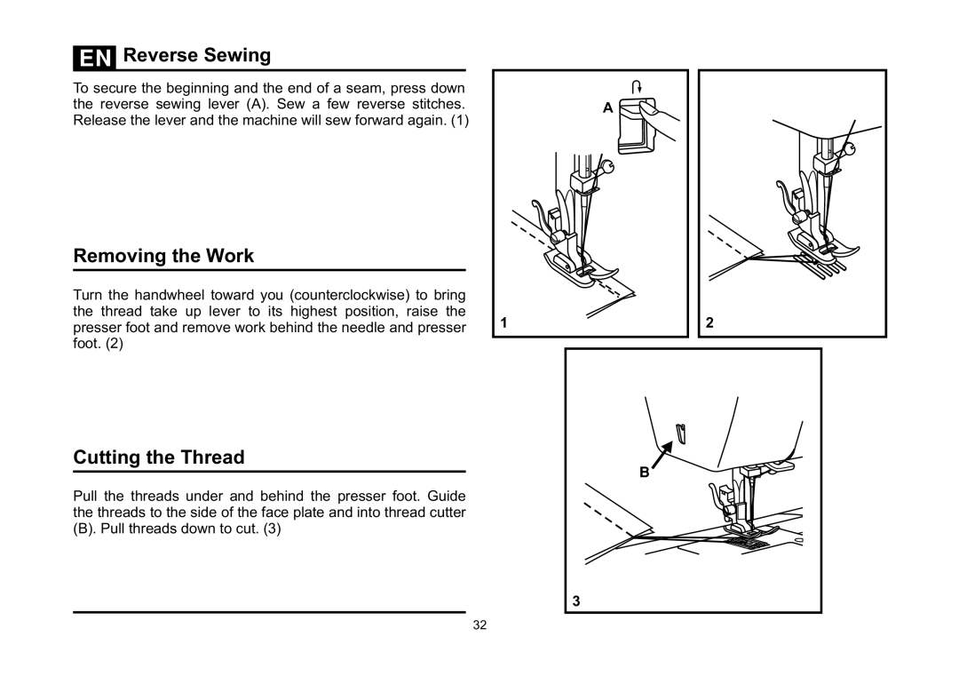 Singer 5523 instruction manual Reverse Sewing, Removing the Work, Cutting the Thread 