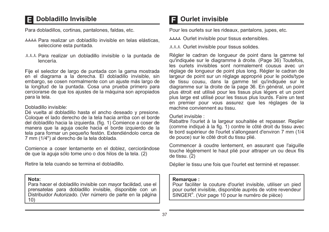 Singer 5523 instruction manual Dobladillo Invisible, Ourlet invisible, Remarque 