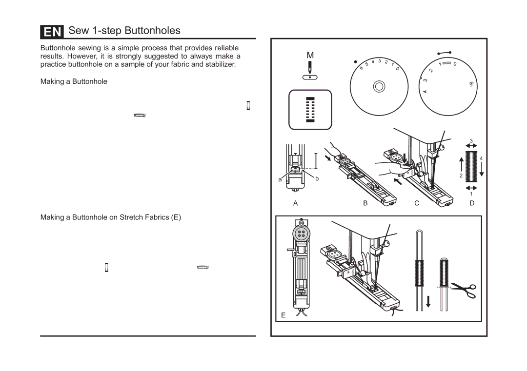 Singer 5523 instruction manual Sew 1-step Buttonholes, Making a Buttonhole on Stretch Fabrics E 