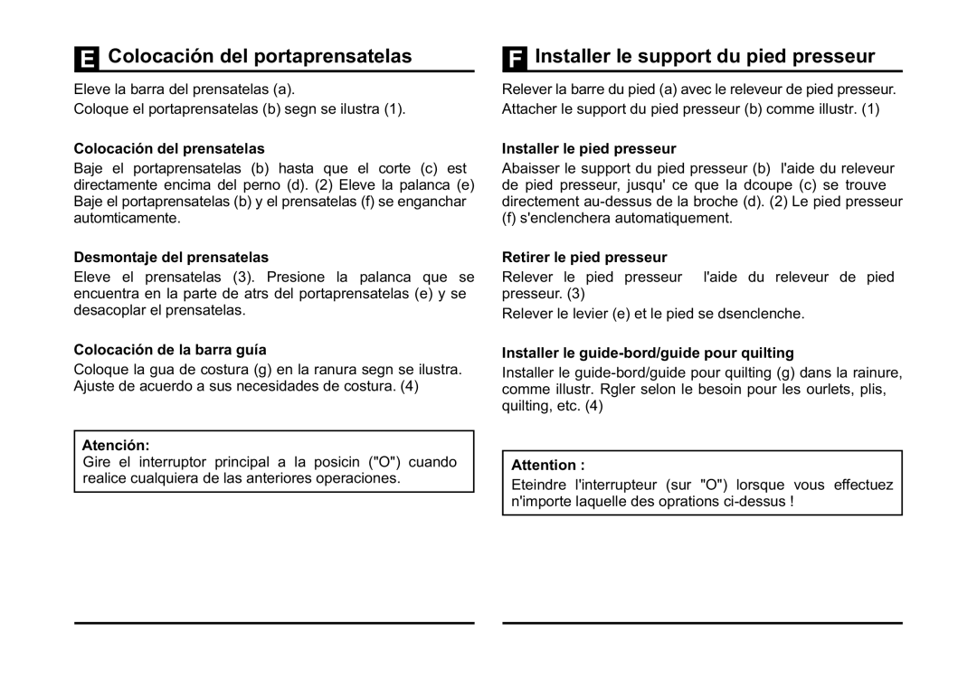 Singer 5523 Colocación del prensatelas, Desmontaje del prensatelas, Colocación de la barra guía, Retirer le pied presseur 