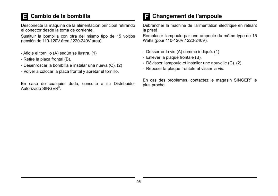 Singer 5523 instruction manual Cambio de la bombilla, Changement de lampoule 