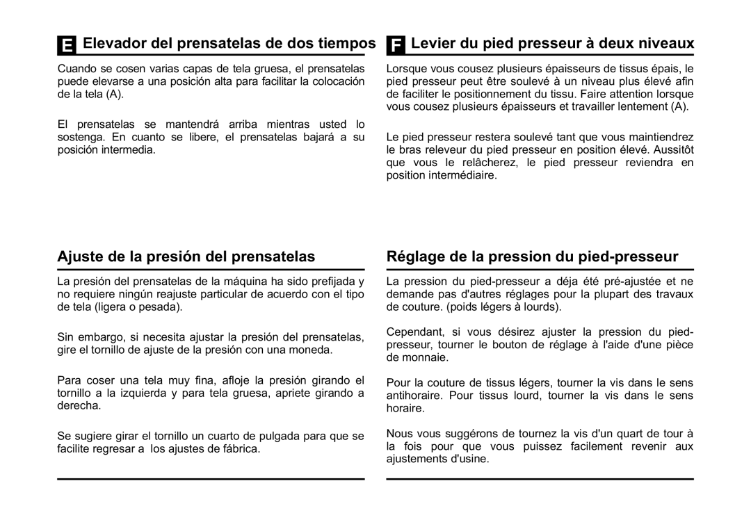 Singer 5532 instruction manual Ajuste de la presión del prensatelas, Réglage de la pression du pied-presseur 