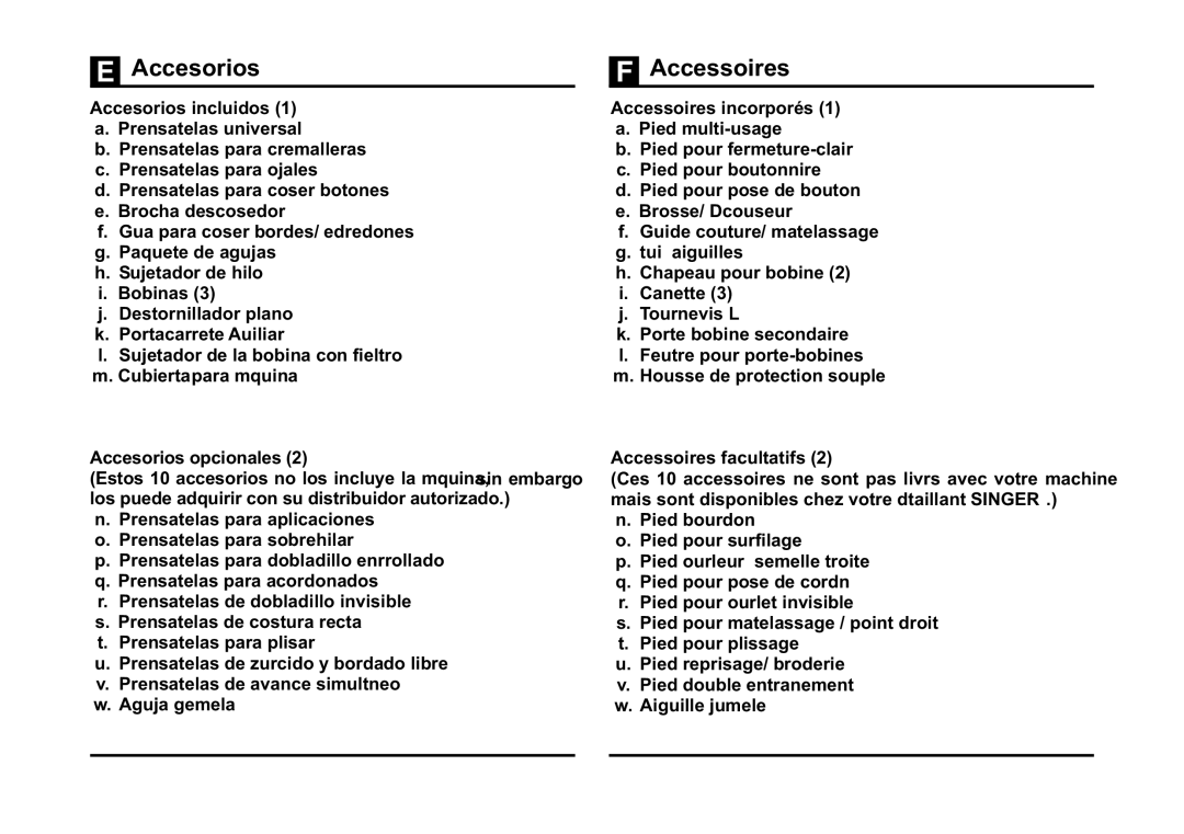 Singer 5532 instruction manual Accesorios, Accessoires 