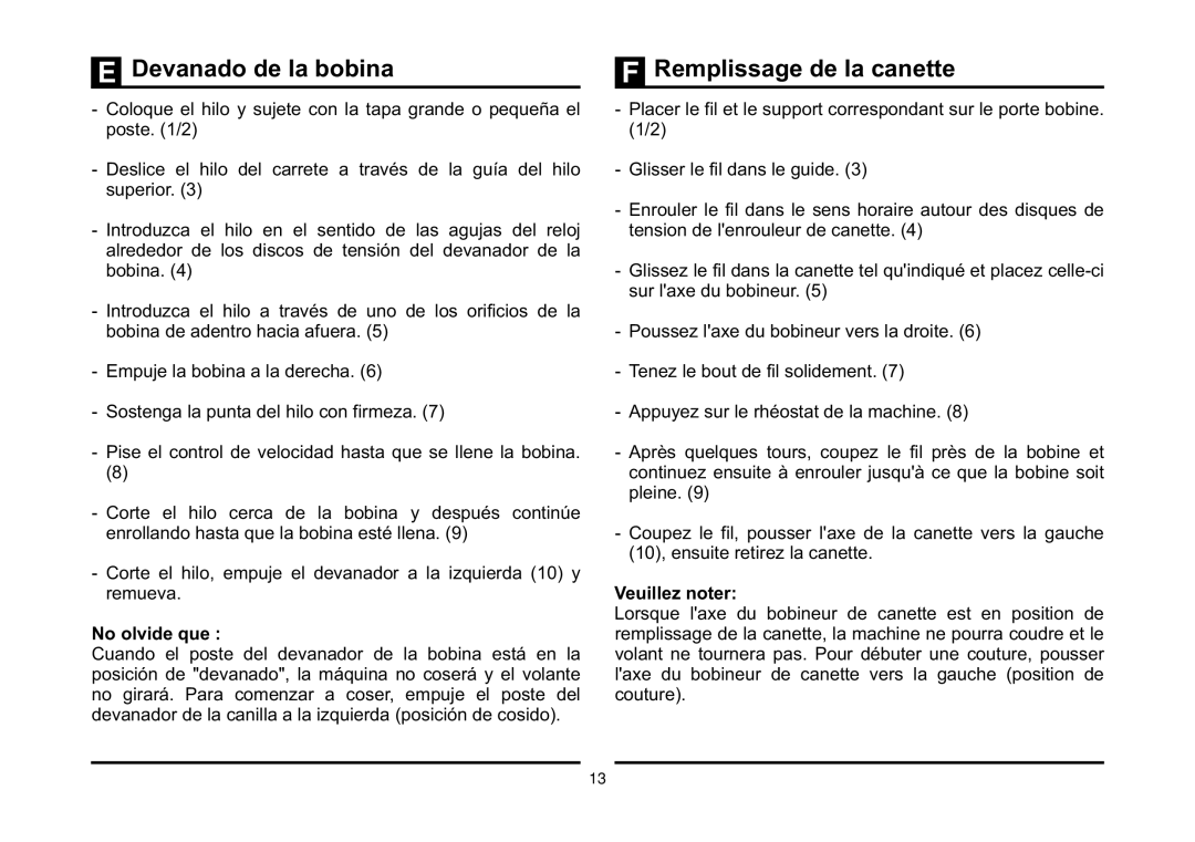 Singer 5532 instruction manual Devanado de la bobina, Remplissage de la canette, No olvide que, Veuillez noter 