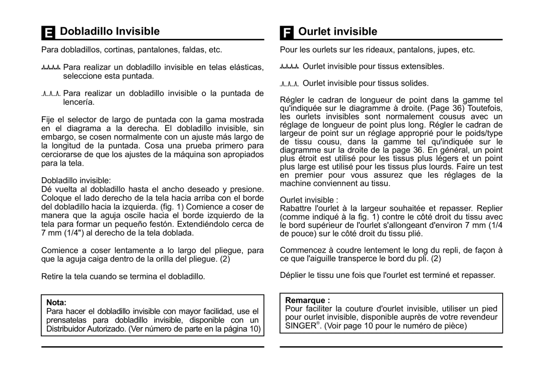 Singer 5532 instruction manual Dobladillo Invisible, Ourlet invisible, Remarque 