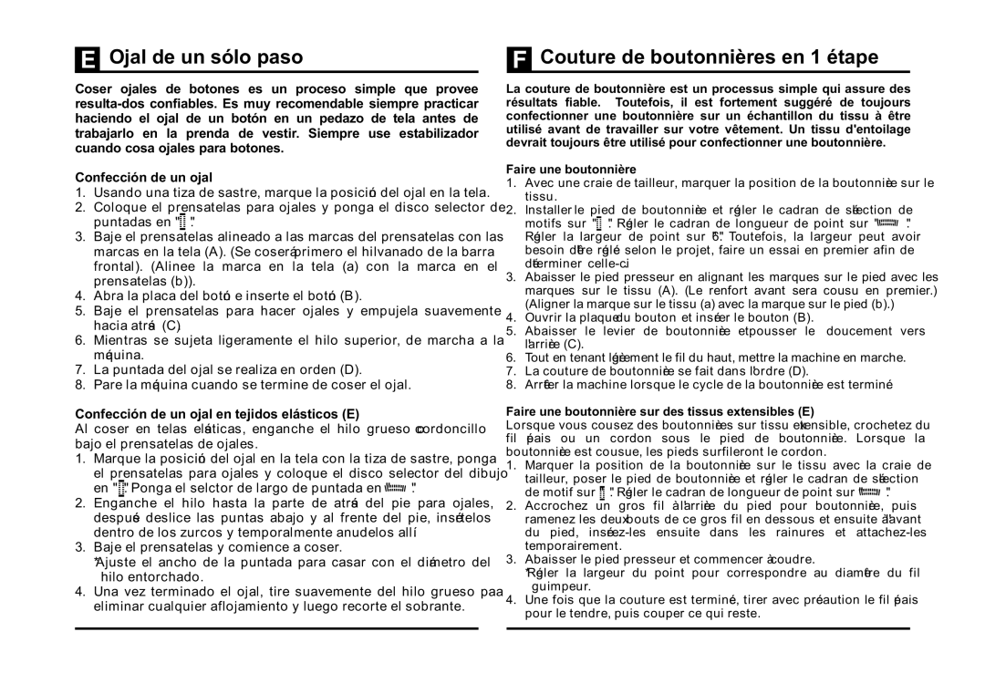 Singer 5532 Ojal de un sólo paso Couture de boutonnières en 1 étape, Confección de un ojal en tejidos elásticos E 