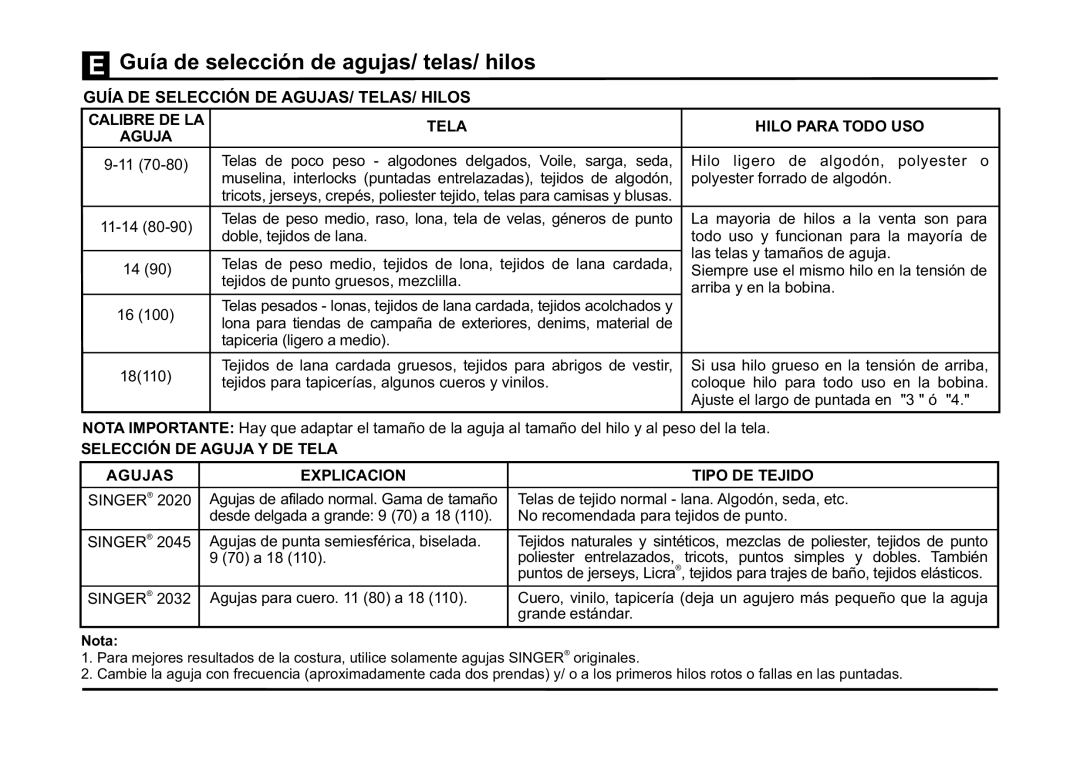 Singer 5532 instruction manual Guía de selección de agujas/ telas/ hilos, Nota 