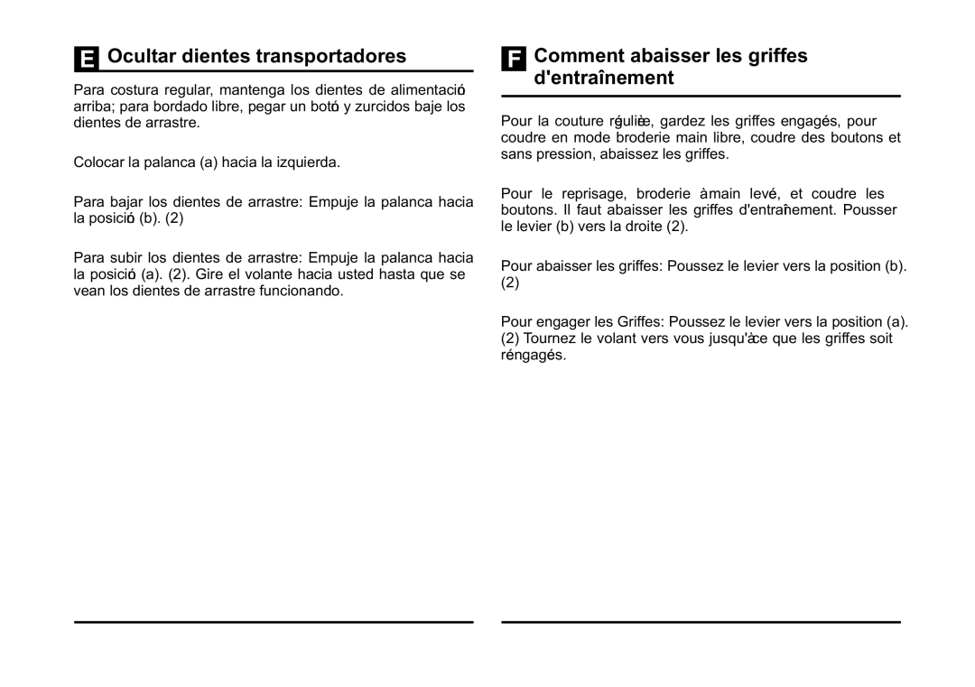 Singer 5532 instruction manual Ocultar dientes transportadores, Comment abaisser les griffes dentraînement 