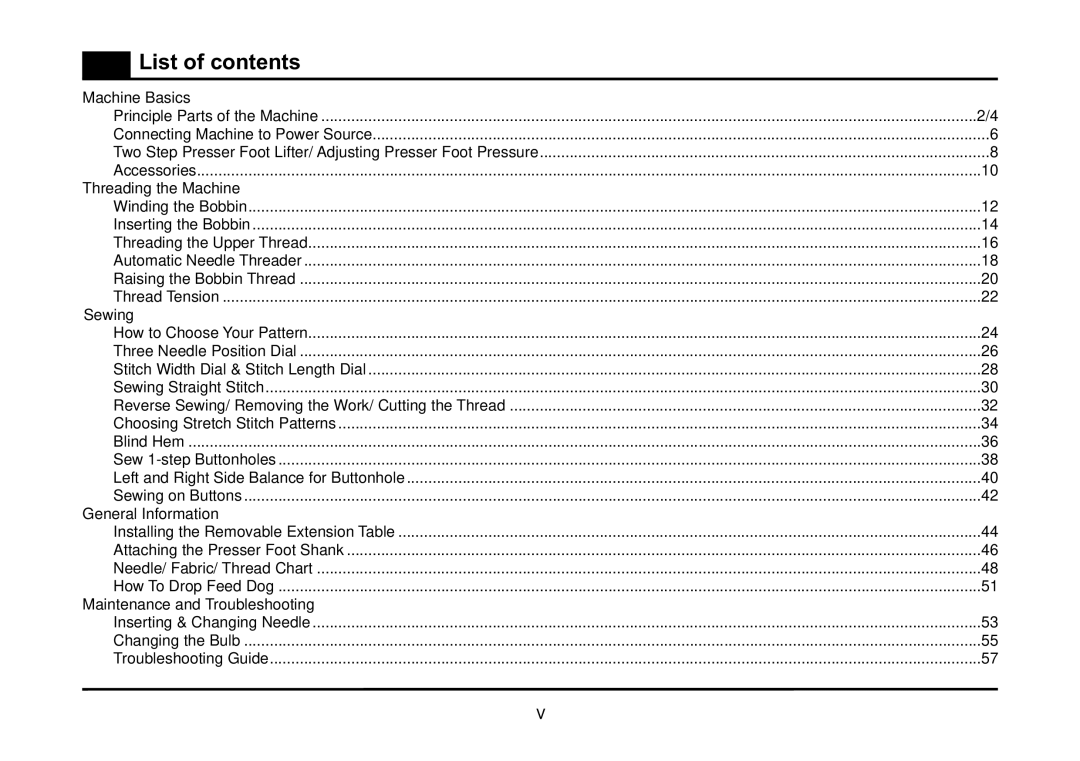 Singer 5532 instruction manual List of contents 