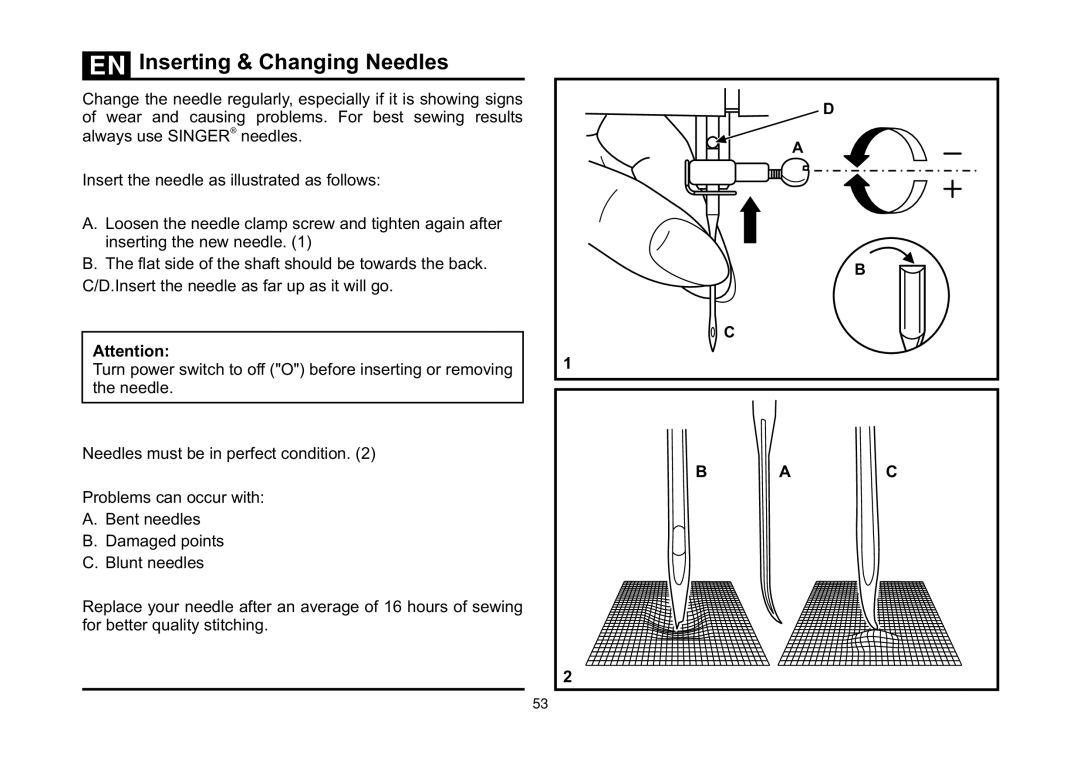 Singer 5532 instruction manual Inserting & Changing Needles 