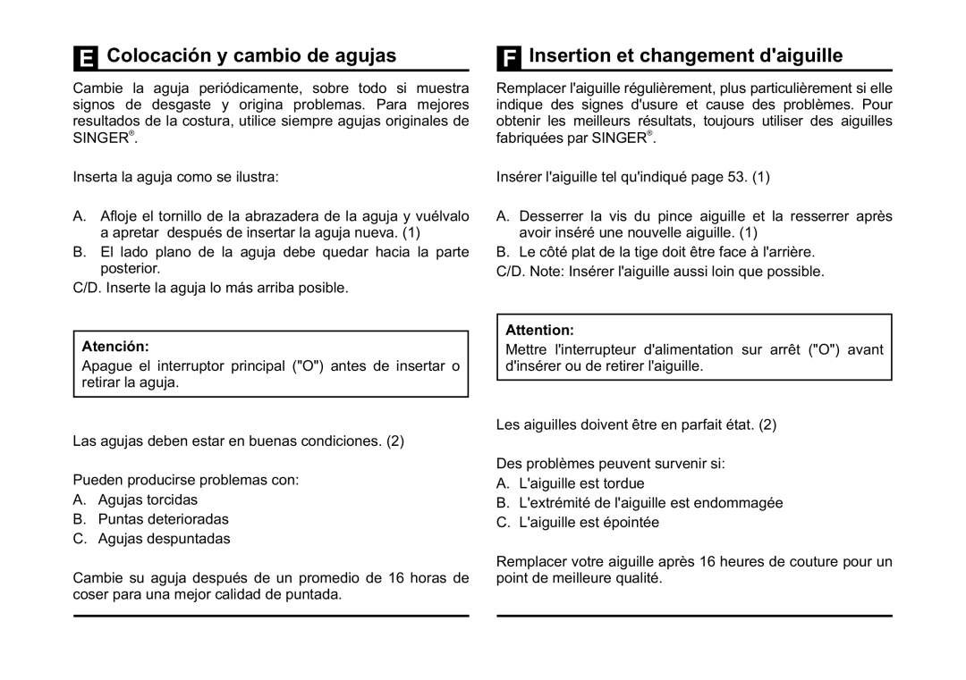 Singer 5532 instruction manual Colocación y cambio de agujas, Insertion et changement daiguille 