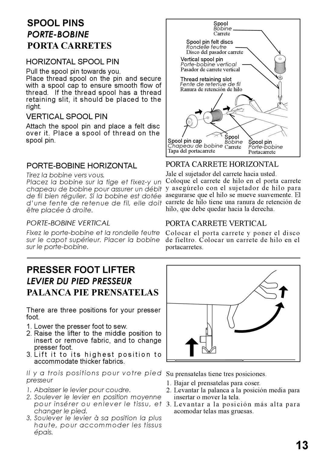 Singer 6180, 6160, 6199, 5500, 5400 instruction manual Spool Pins, Porta Carretes, Presser Foot Lifter, Palanca PIE Prensatelas 