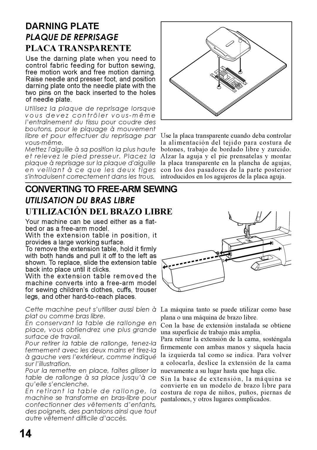 Singer 6160, 6180, 6199, 5500 Darning Plate, Placa Transparente, Converting to FREE-ARM Sewing, Utilización DEL Brazo Libre 