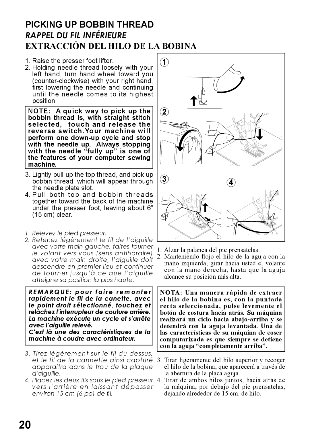 Singer 6199, 6180, 6160, 5500, 5400 instruction manual Picking UP Bobbin Thread, Extracción DEL Hilo DE LA Bobina 