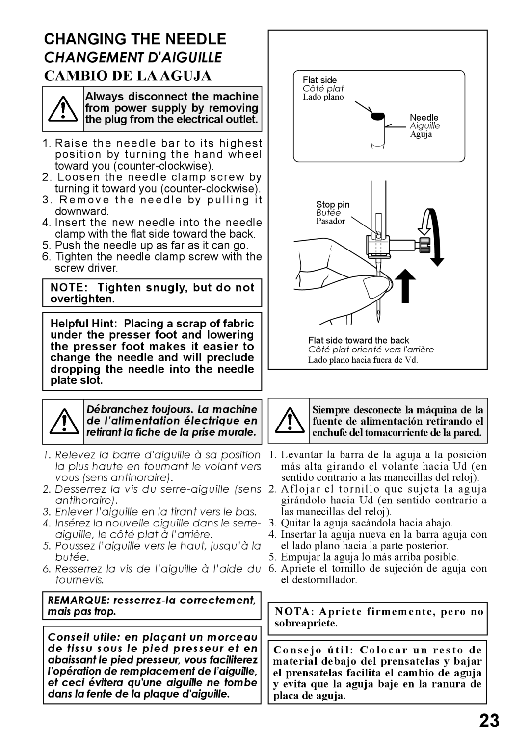 Singer 6180, 6160, 6199, 5500, 5400 instruction manual Changing the Needle, Cambio DE LA Aguja 