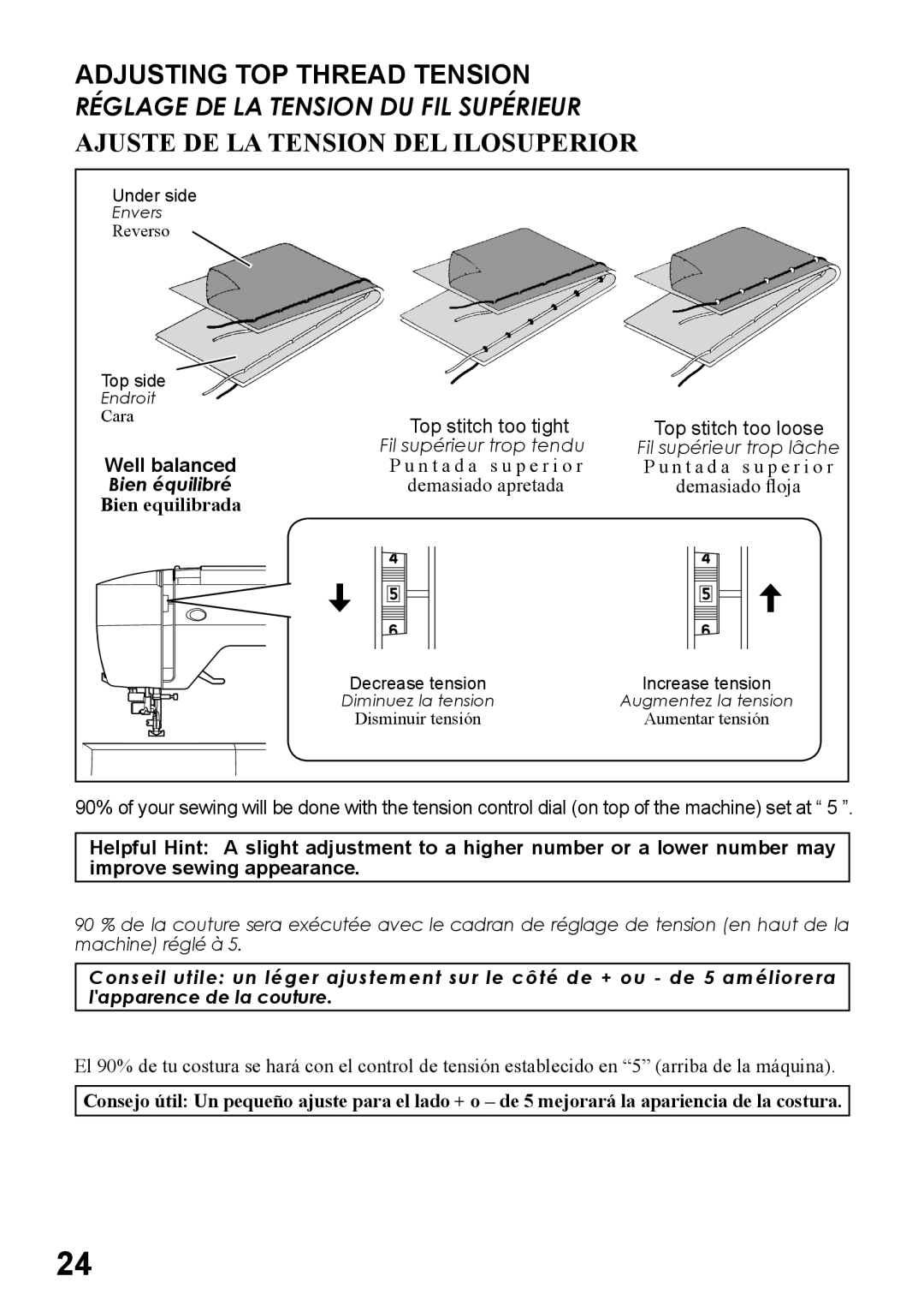 Singer 6160, 6180, 6199, 5500, 5400 instruction manual Adjusting TOP Thread Tension, Ajuste DE LA Tension DEL Ilosuperior 