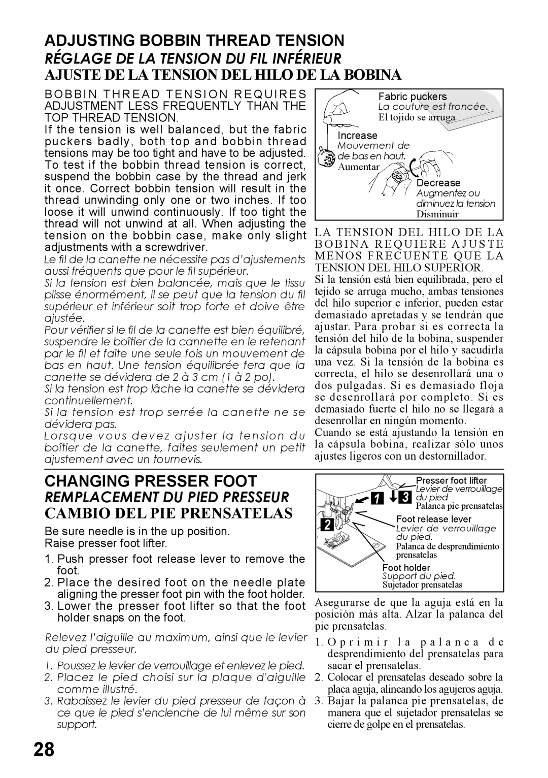 Singer 6180, 6160, 6199, 5500, 5400 instruction manual Changing Presser Foot, Cambio DEL PIE Prensatelas 