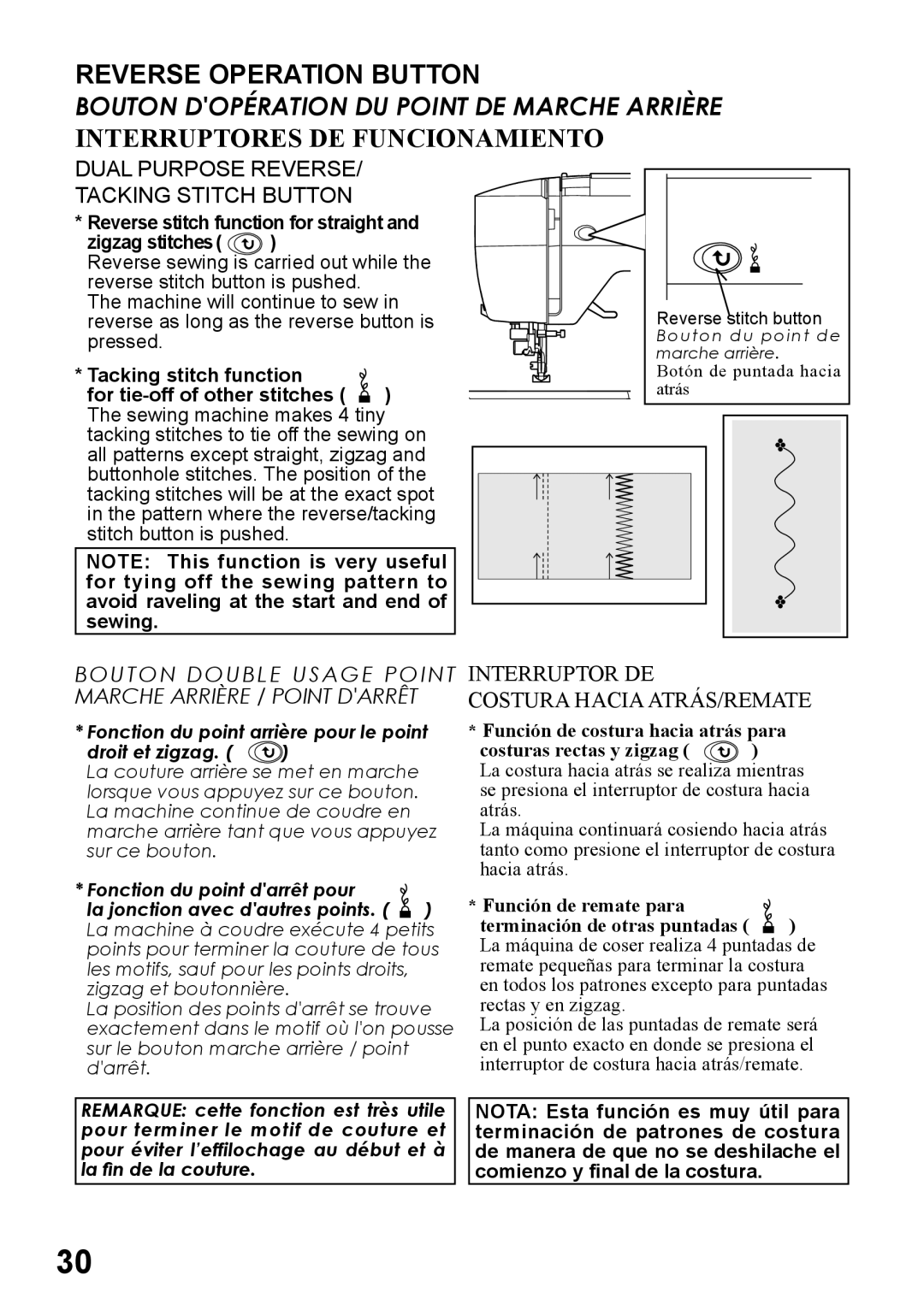 Singer 6199, 6180 Reverse Operation Button, Interruptores DE Funcionamiento, Dual Purpose Reverse Tacking Stitch Button 