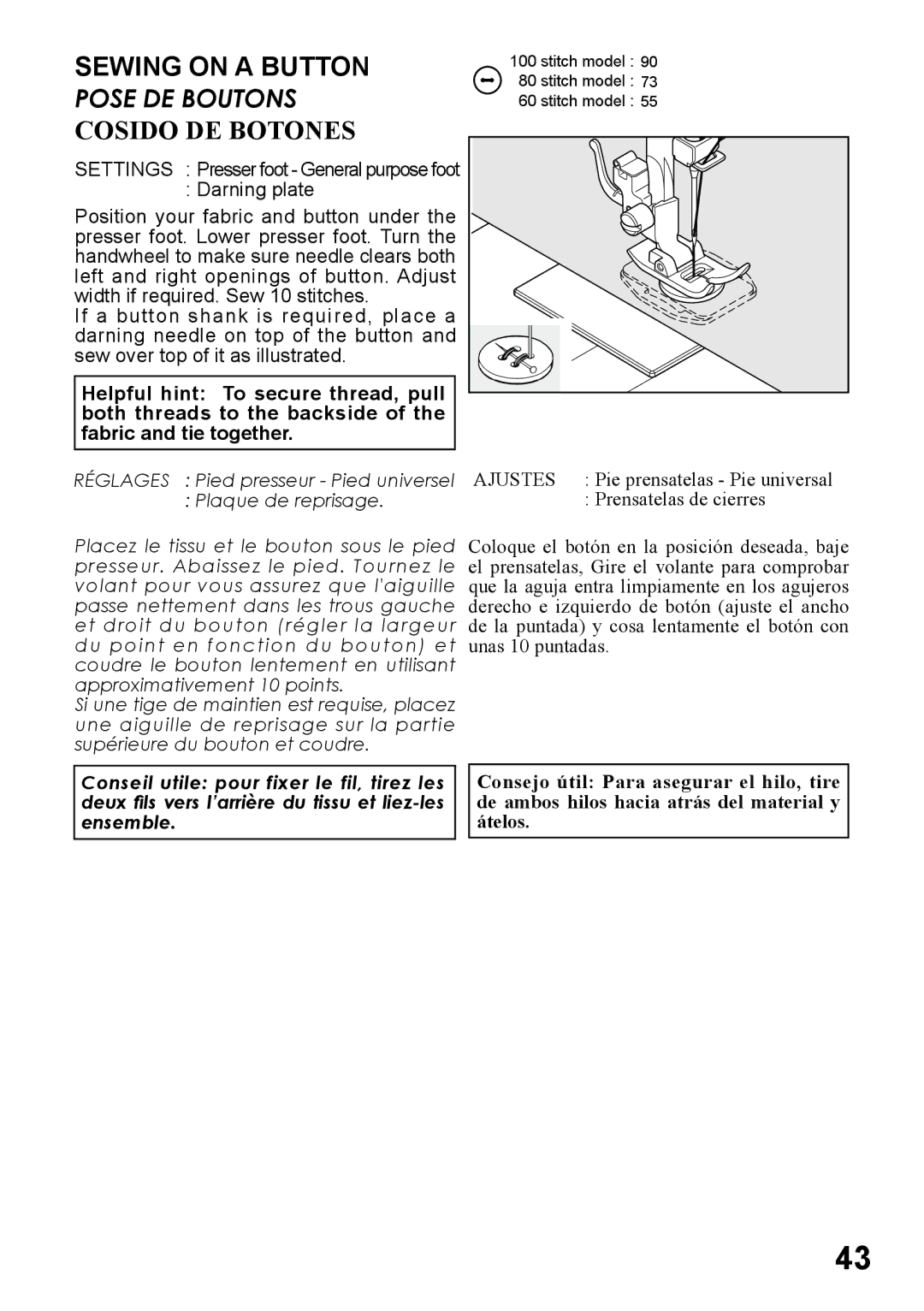 Singer 6180, 6160, 6199, 5500, 5400 instruction manual Sewing on a Button, Cosido DE Botones 