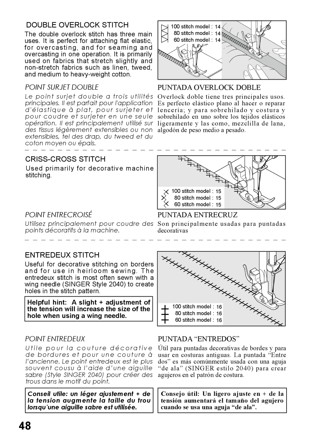 Singer 6180, 6160, 6199, 5500, 5400 instruction manual Point Surjet Double, Point Entrecroisé, Point Entredeux 