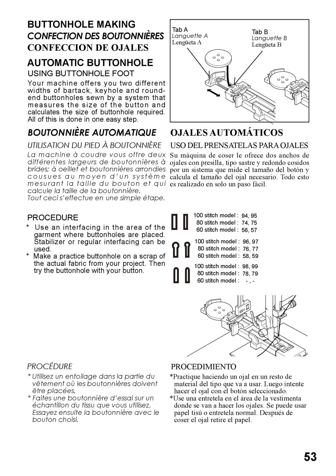 Singer 6180, 6160, 6199, 5500 Buttonhole Making, Confeccion DE Ojales, Automatic Buttonhole, Ojales Automáticos, Procédure 