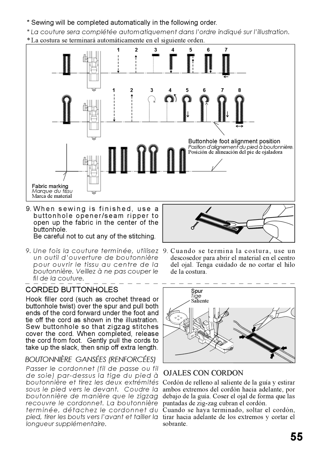 Singer 6199, 6180, 6160, 5500, 5400 instruction manual Corded Buttonholes, Ojales CON Cordon 