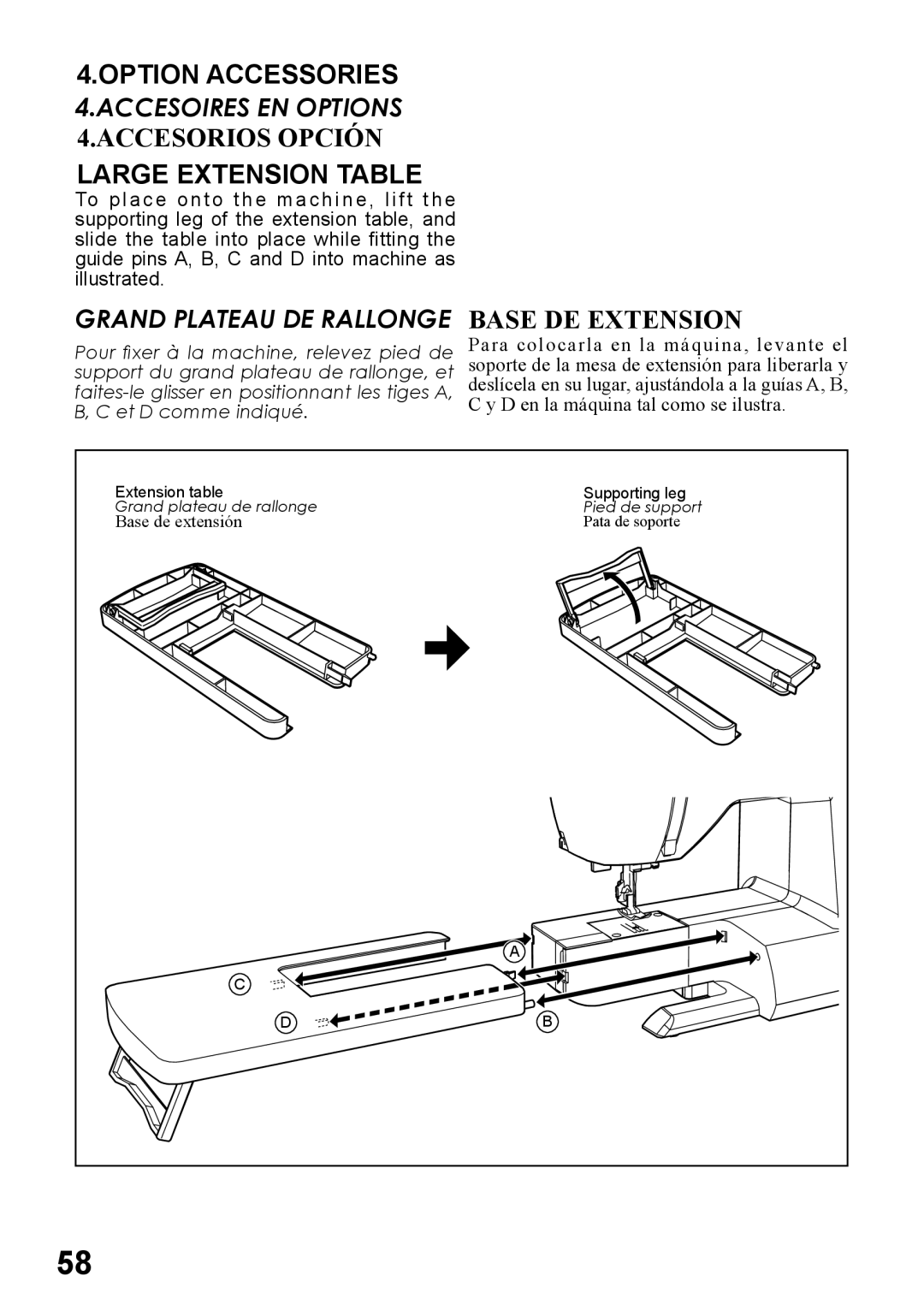 Singer 6180, 6160, 6199, 5500, 5400 Option Accessories, Accesorios Opción, Large Extension Table, Base DE Extension 