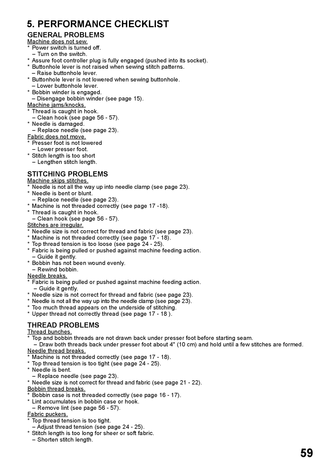 Singer 6160, 6180, 6199, 5500, 5400 instruction manual Performance Checklist, General Problems 