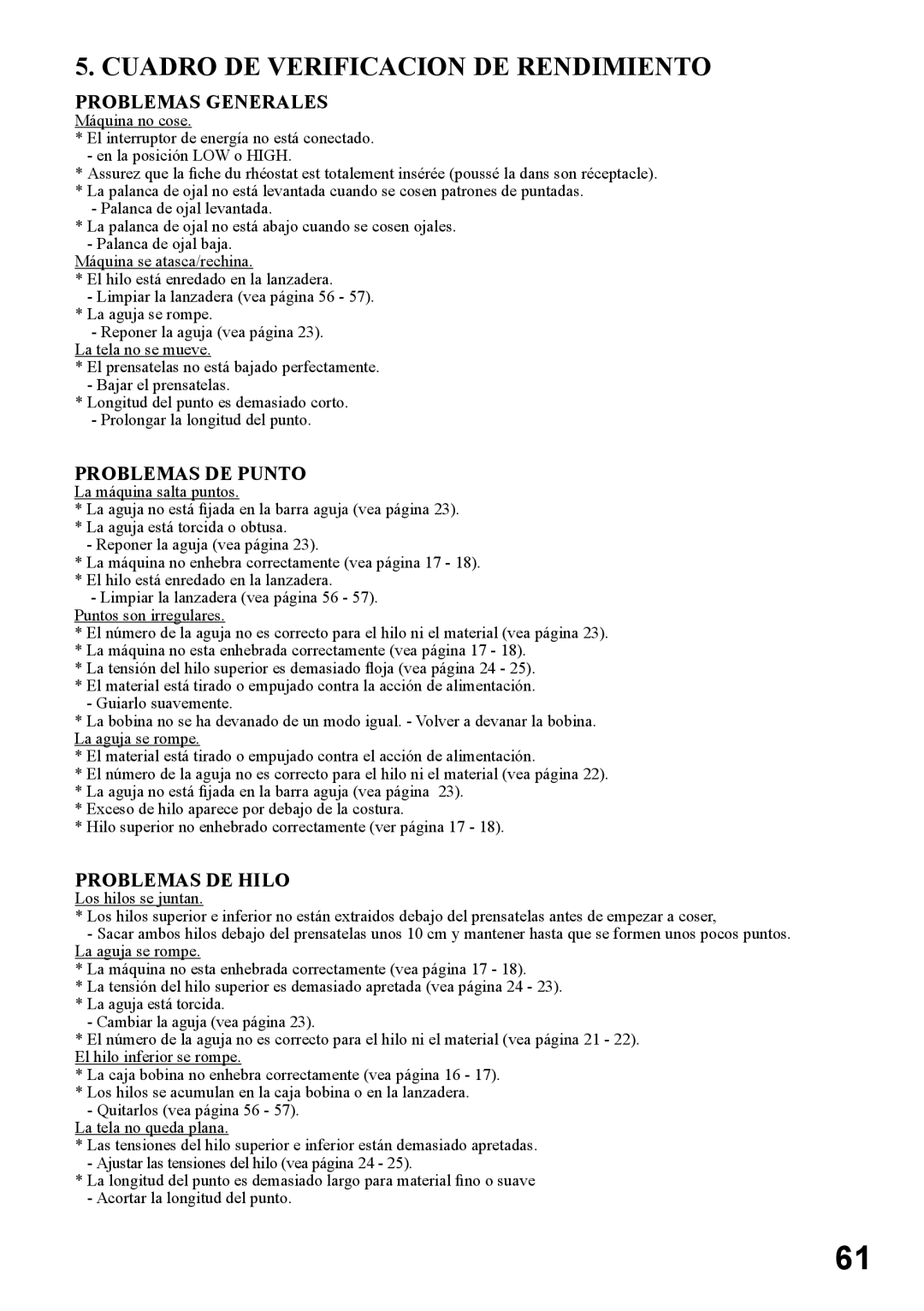 Singer 5500, 6180, 6160, 6199, 5400 instruction manual Cuadro DE Verificacion DE Rendimiento, Problemas Generales 