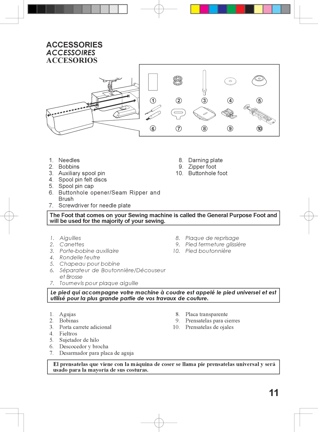 Singer 6160, 6180, 6199, 5500 instruction manual Accessories Accessoires Accesorios 