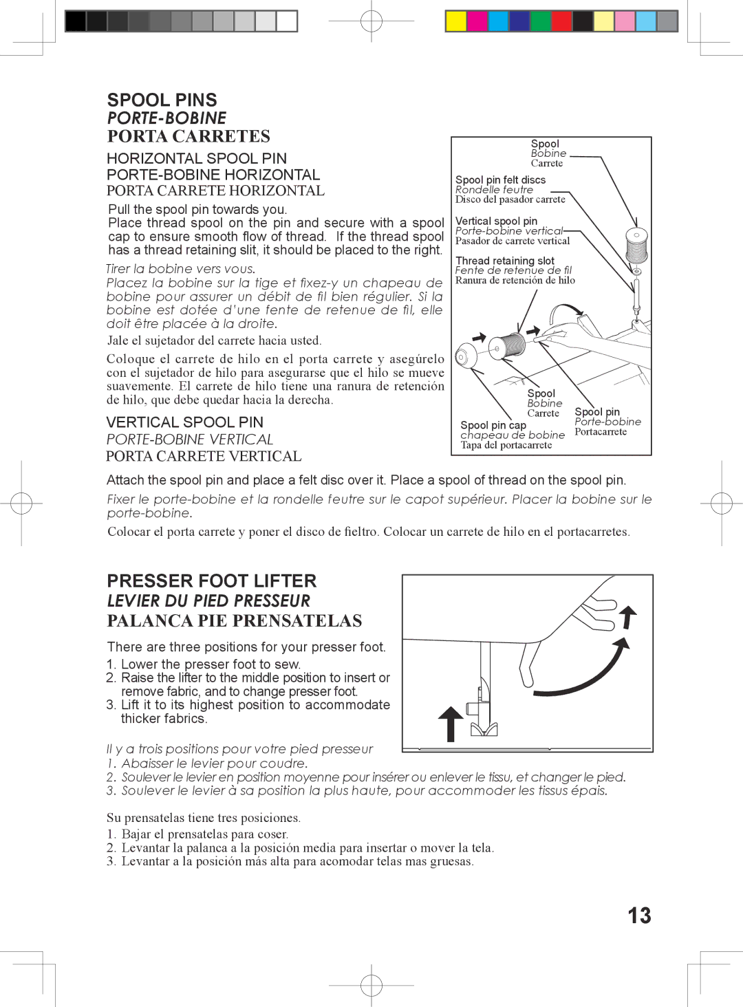 Singer 5500, 6180, 6160, 6199 instruction manual Spool Pins, Porta Carretes, Presser Foot Lifter, Palanca PIE Prensatelas 