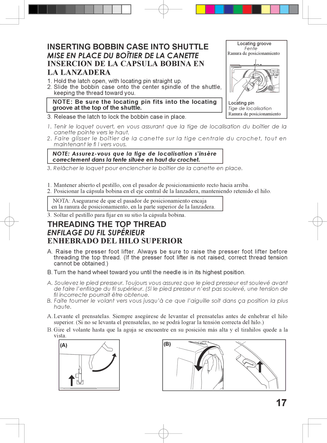 Singer 5500, 6180, 6160, 6199 Inserting Bobbin Case Into Shuttle, Threading the TOP Thread, Enhebrado DEL Hilo Superior 