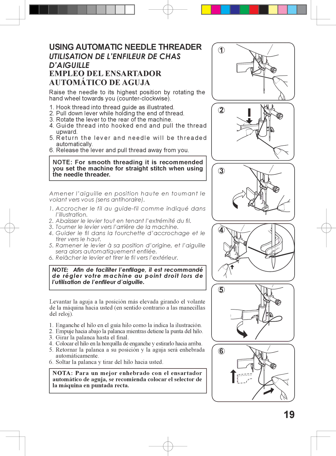 Singer 6160, 6180, 6199, 5500 instruction manual Using Automatic Needle Threader, Empleo DEL Ensartador Automático DE Aguja 