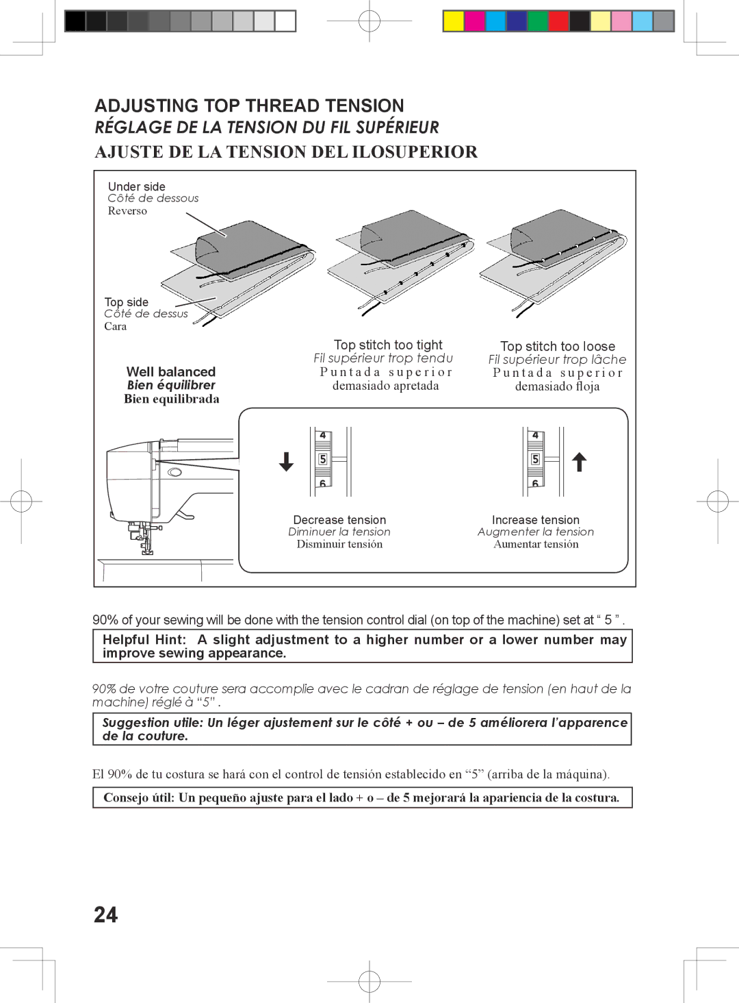 Singer 6199, 6180, 6160, 5500 instruction manual Adjusting TOP Thread Tension, Ajuste DE LA Tension DEL Ilosuperior 