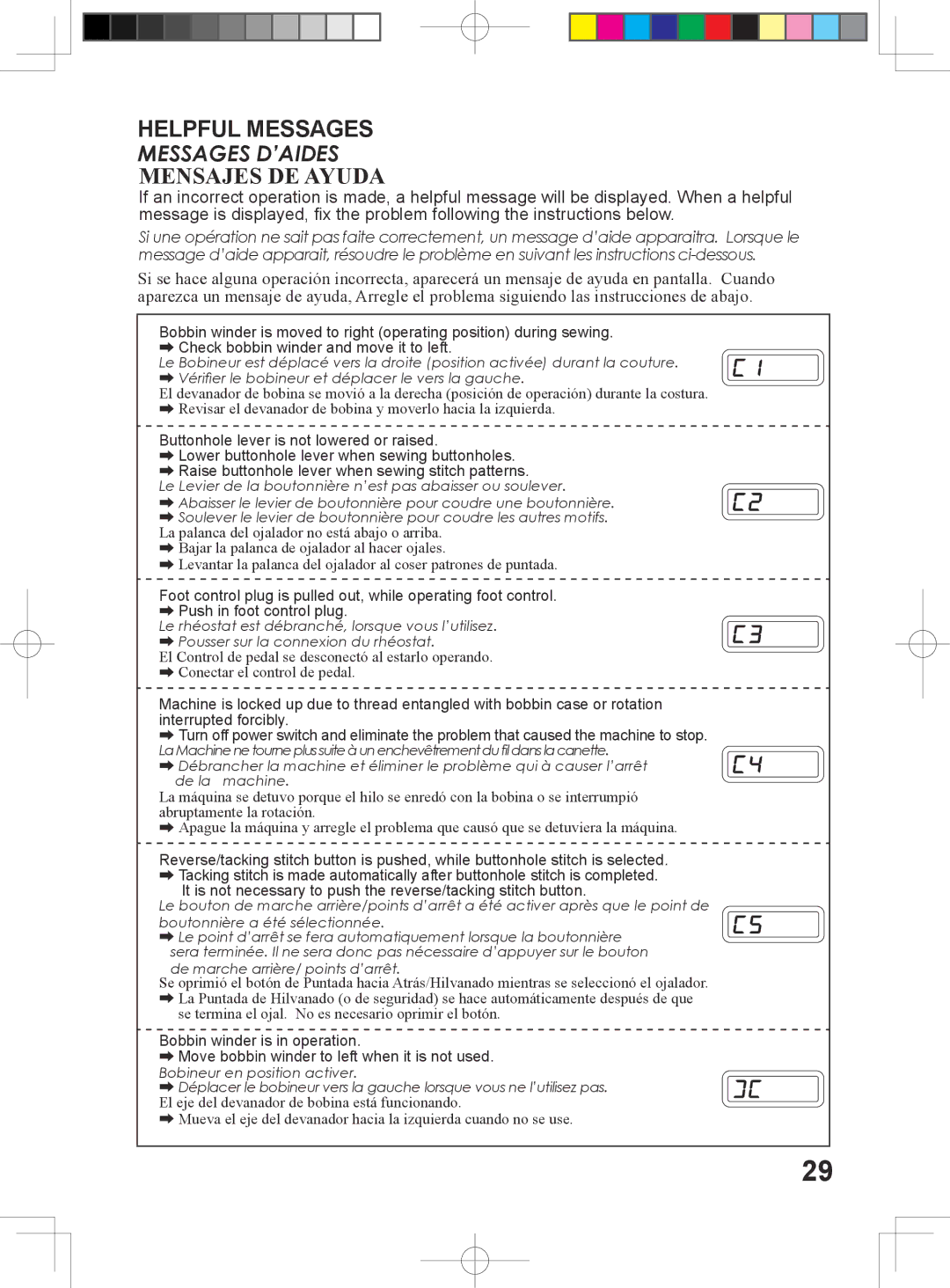 Singer 5500, 6180, 6160, 6199 instruction manual Helpful Messages, Mensajes DE Ayuda 