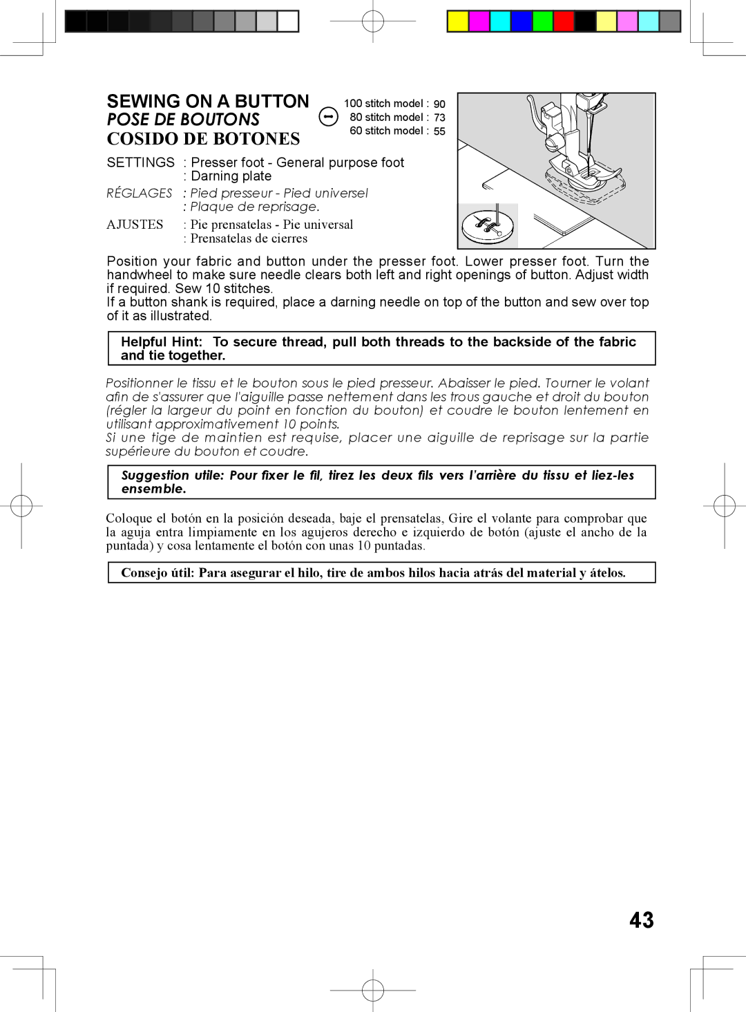 Singer 6160, 6180, 6199, 5500 instruction manual Sewing on a Button Pose DE Boutons, Cosido DE Botones 