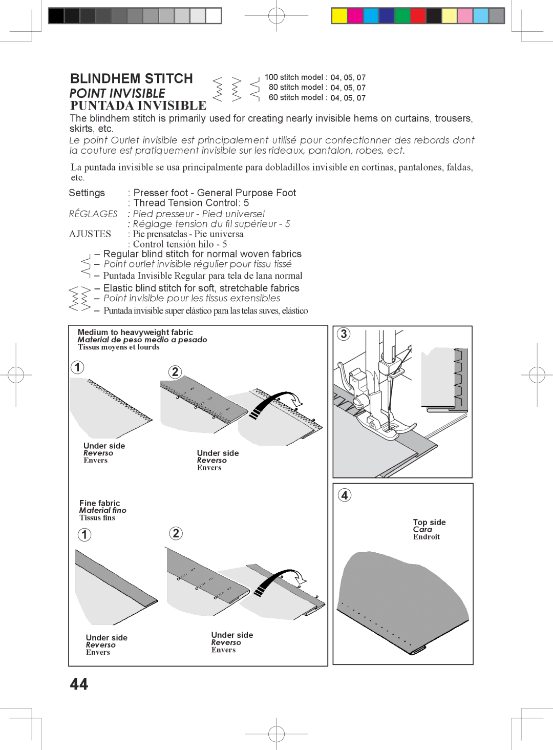 Singer 6199, 6180, 6160, 5500 instruction manual Blindhem Stitch Point Invisible Puntada Invisible, Thread Tension Control 