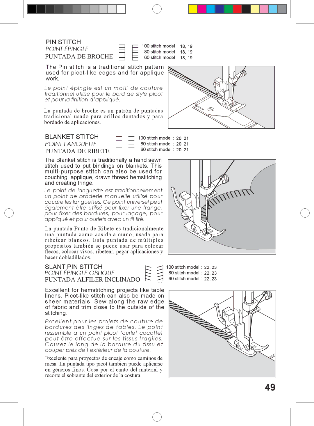 Singer 5500, 6180, 6160, 6199 instruction manual Puntada DE Broche, Puntada DE Ribete, Puntada Alfiler Inclinado 