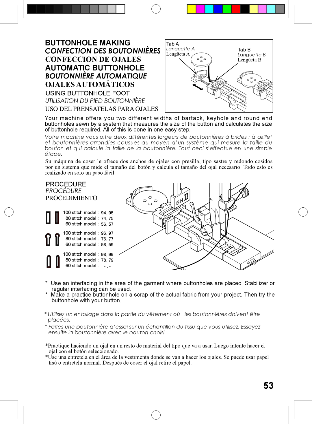 Singer 5500, 6180, 6160, 6199 instruction manual Buttonhole Making, Procedimiento 