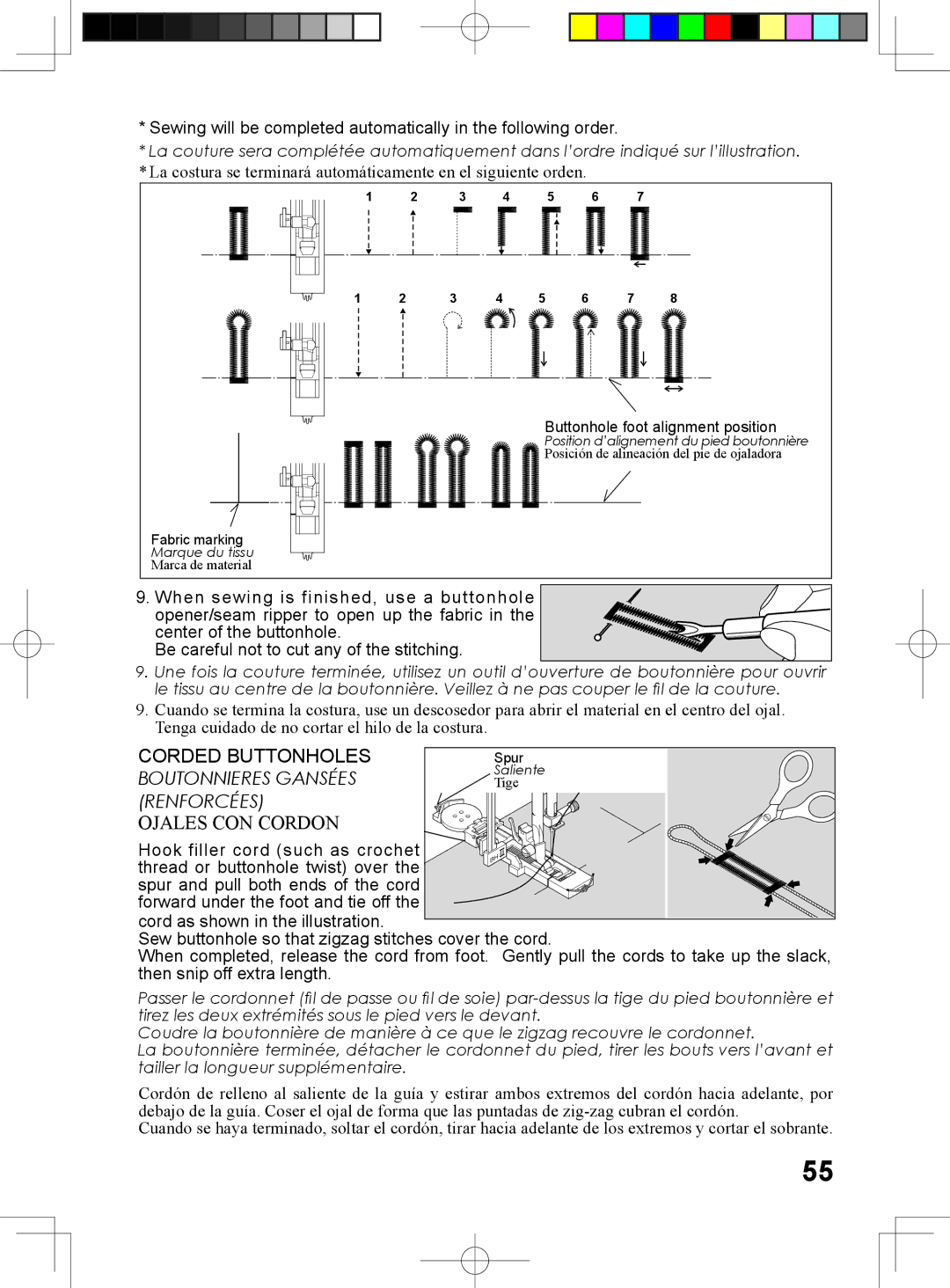 Singer 6160, 6180, 6199, 5500 instruction manual Ojales CON Cordon, Buttonhole foot alignment position 