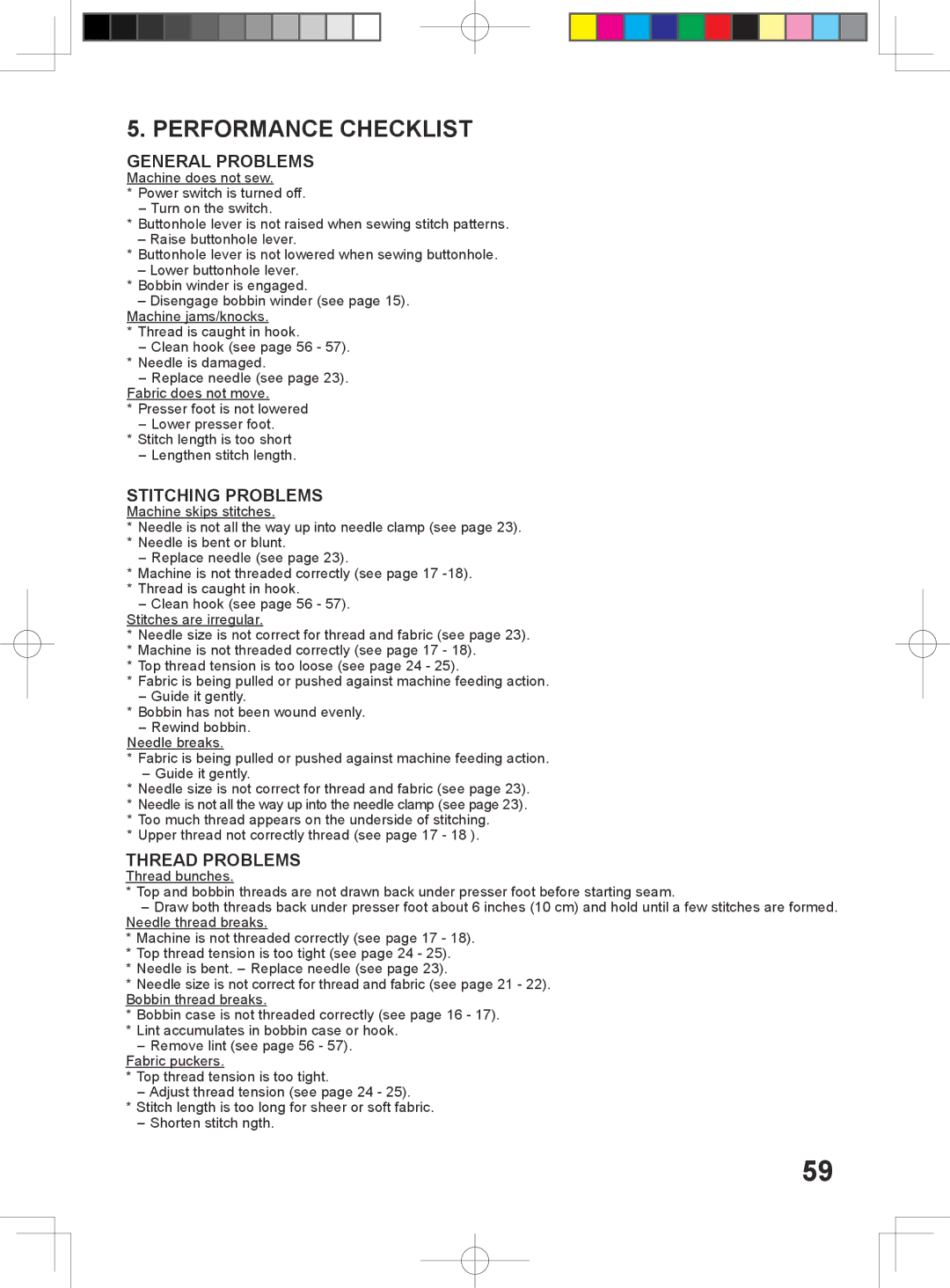 Singer 6160, 6180, 6199, 5500 instruction manual Performance Checklist, General Problems 