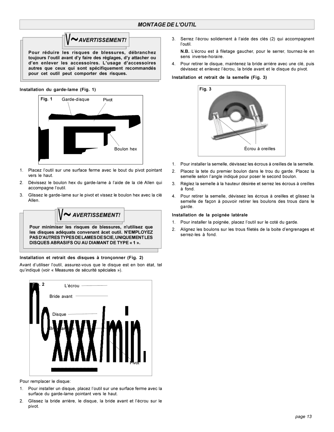 Singer 6184-01, 6184-21 manual Montage DE Loutil Avertissement, Installation et retrait des disques à tronçonner Fig, ’écrou 