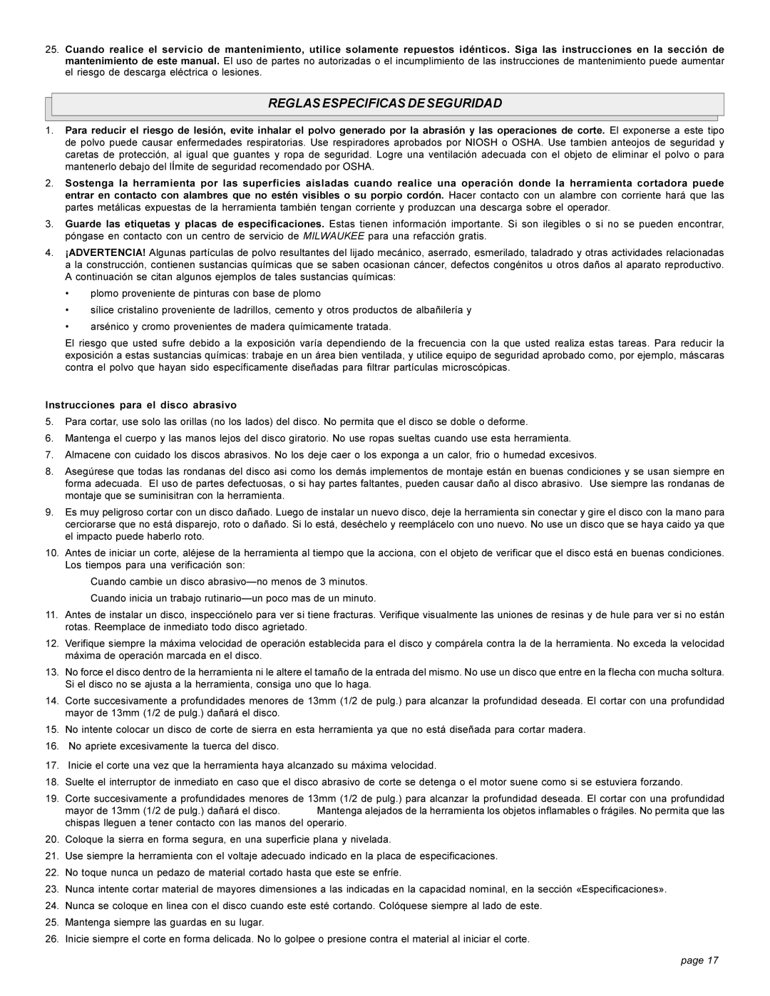 Singer 6184-01, 6184-21 manual Reglas Especificas DE Seguridad, Instrucciones para el disco abrasivo 