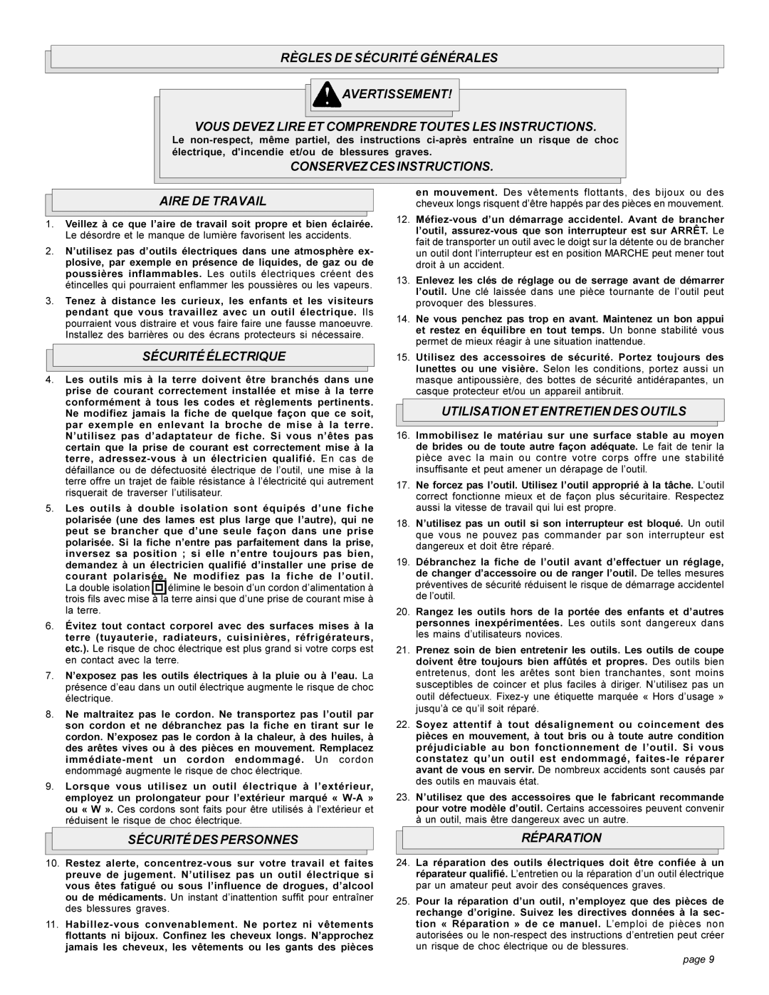 Singer 6184-01 manual Conservez CES Instructions Aire DE Travail, Sécuritéélectrique, Utilisation ET Entretien DES Outils 