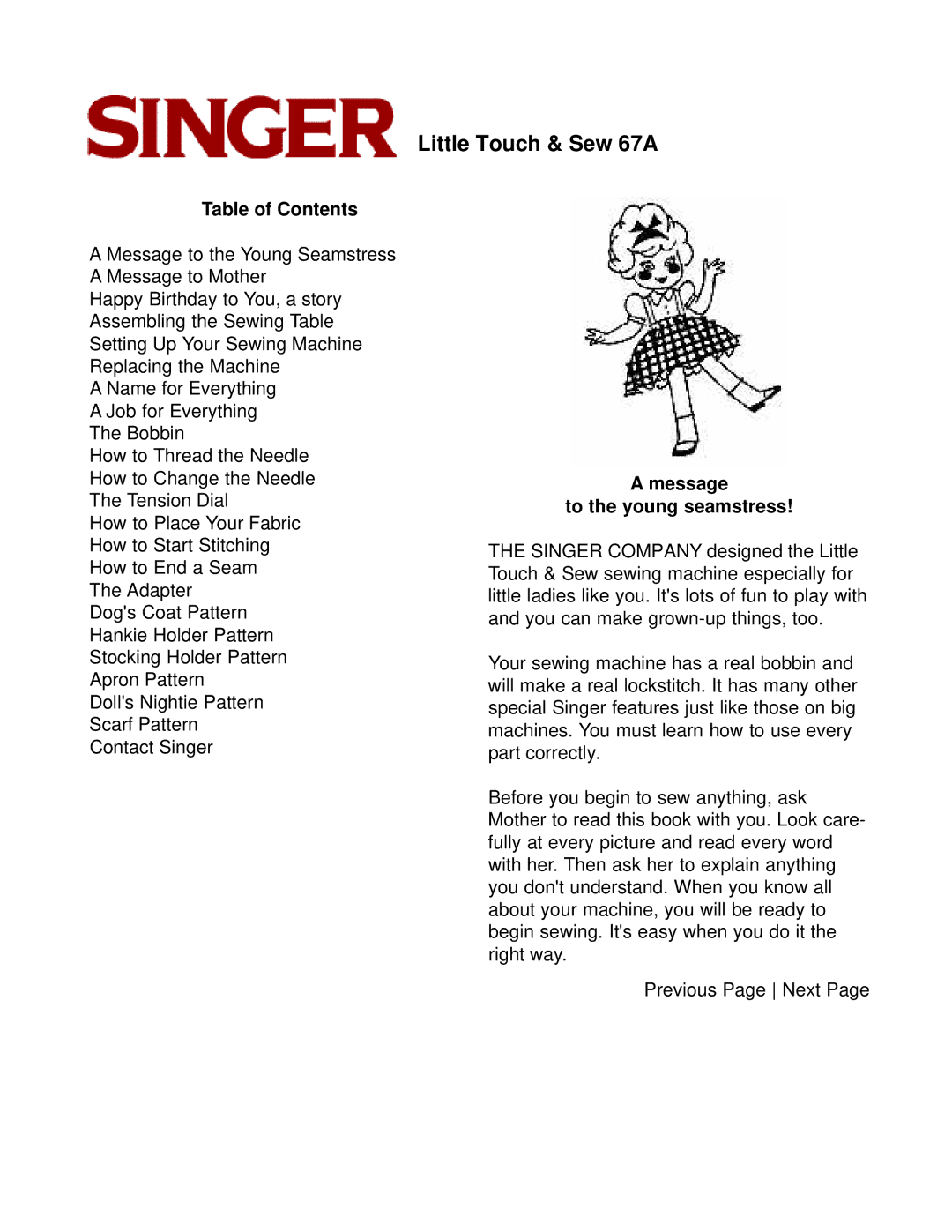 Singer 67A instruction manual Table of Contents, Message To the young seamstress 