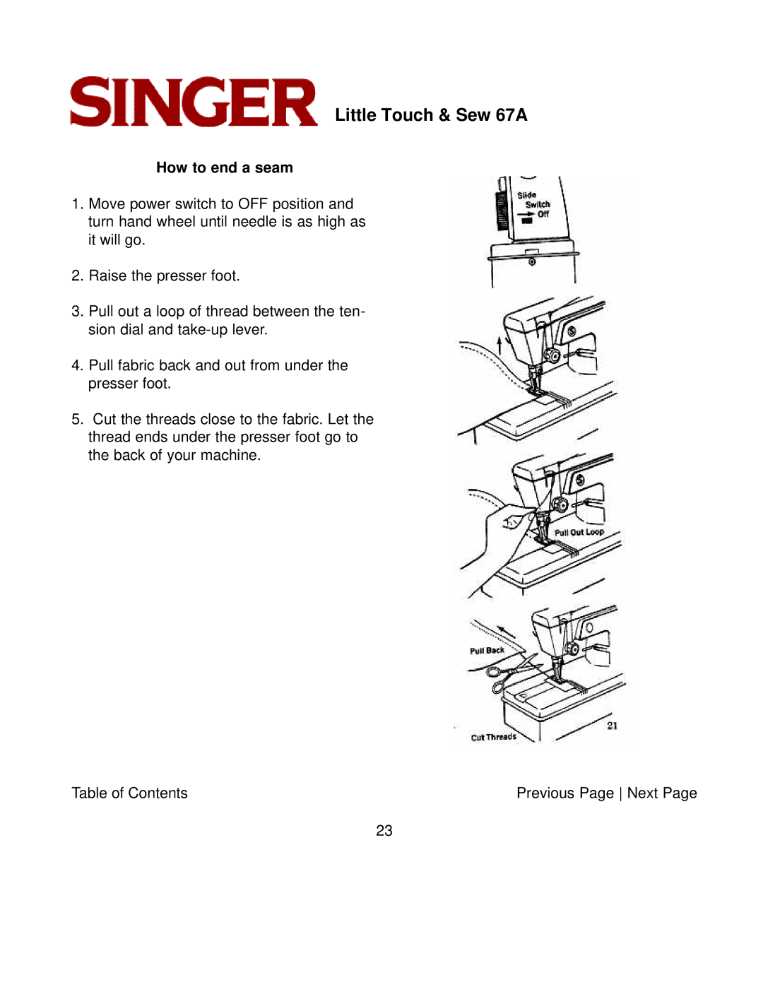 Singer 67A instruction manual How to end a seam 