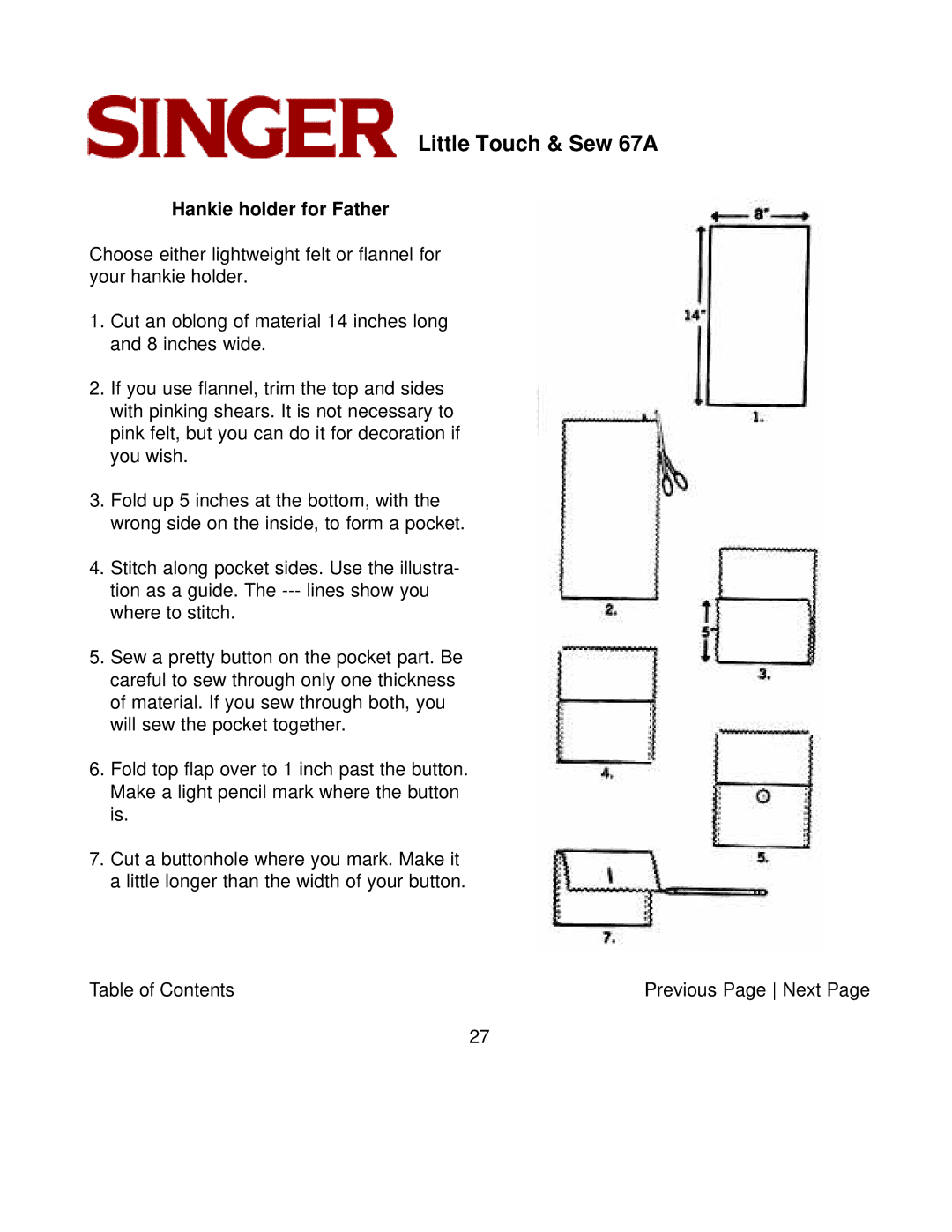 Singer 67A instruction manual Hankie holder for Father 