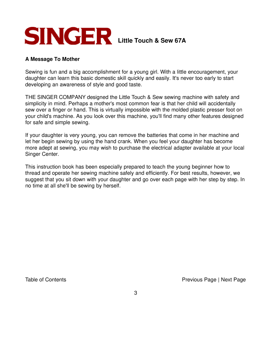 Singer 67A instruction manual Message To Mother 